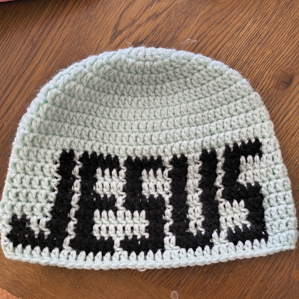 Light Mint Kids Crochet Beanie with Black Lettering